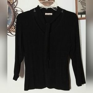 SUSAN LAWRENCE V-NECK BLACK  3/4TH SLEEVE KNIT BLOUSE, XTRA SMALL